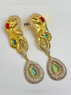 Schiaparelli Inspired Gold-tone Multi Gem Teardrop Dangle Earrings